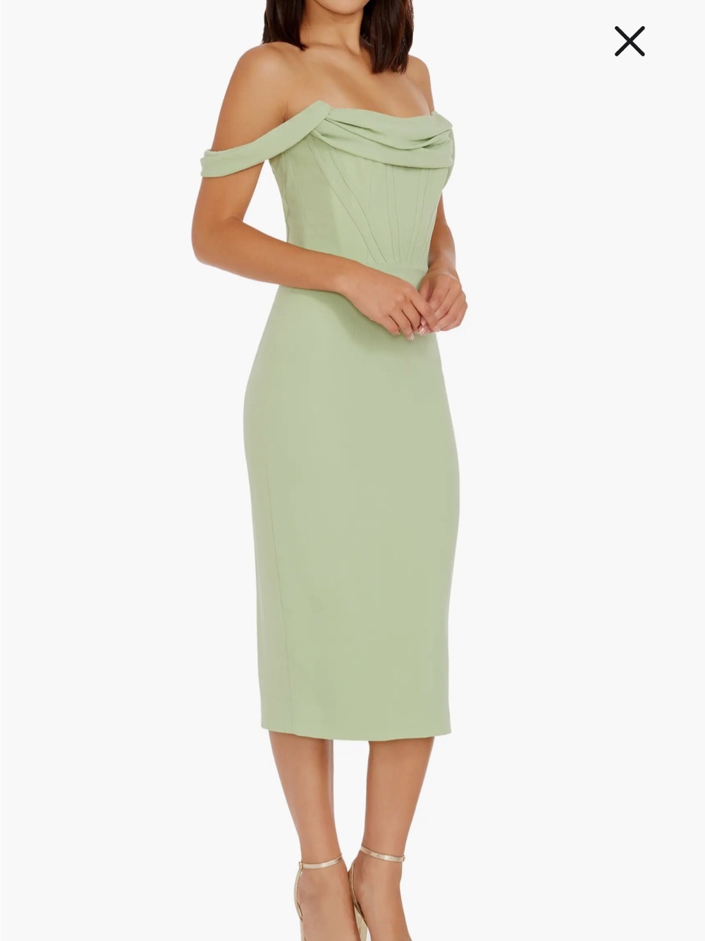 Dress the Population Vickie Off the Shoulder Midi Corset Dress- Sage